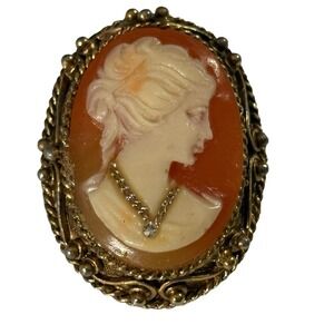 VTG Cameo Brooch Pin Lady with Inlaid Rhinestone Necklace Gold Tone Scroll Frame